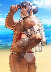  1boy abs arm_hair arm_tattoo ball bara beach beachball beard blue_eyes butt_crack chest_hair clothes_over_shoulder cloud cowboy_shot facial_hair forked_eyebrows from_behind full_beard grey_hair hand_on_own_hip highres holding holding_ball indie_virtual_youtuber kaito_navigator large_pectorals leg_hair looking_at_viewer looking_back male_focus male_underwear mature_male multicolored_hair muscular muscular_male mustache_stubble nipples one_eye_closed pectorals ponytail removing_eyewear scar scar_on_face scar_on_nose second-party_source shirt sky solo streaked_hair stubble tattoo thick_eyebrows topless_male two-tone_beard underwear veins veiny_arms virtual_youtuber wasp_(anthyutena) wet white_hair white_male_underwear white_shirt 