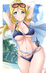  arms_behind_head arms_up ayase_eli beach bikini black_bikini blonde_hair blue_eyes breasts collarbone commentary_request day eyewear_on_head female high_ponytail highres kirisaki_reina large_breasts linea_alba long_hair looking_at_viewer love_live! love_live!_school_idol_project navel ocean outdoors palm_tree parted_lips sand side-tie_bikini_bottom solo stomach sunglasses swimsuit tree 