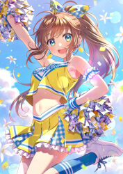  :d arm_up blue_eyes blue_sky breasts brown_hair cheerleader cloud commentary_request day female flower hair_ribbon holding holding_pom_poms long_hair looking_at_viewer medium_breasts midriff morikura_en multicolored_clothes multicolored_ribbon multicolored_skirt navel open_mouth original outdoors pom_pom_(cheerleading) ponytail ribbon shoes skirt sky smile sneakers teeth thighs upper_teeth_only white_flower white_footwear yellow_skirt 