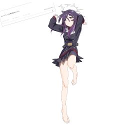  arms_up bare_legs black_dress blue_archive commentary_request dress female full_body halo haruka_(blue_archive) highres long_hair long_sleeves looking_at_viewer partial_commentary purple_eyes purple_hair red_shirt request_inset shirt simple_background solo tomotenasi_e white_background 