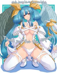  angel_wings asymmetrical_wings bare_shoulders blue_hair blush bow breasts choker cleavage collarbone commission detached_sleeves dizzy_(guilty_gear) english_text female guilty_gear guilty_gear_xrd hair_ribbon half-closed_eyes highres large_breasts long_hair looking_at_viewer mariebell monster_girl navel red_eyes ribbon skeb_commission solo tail tail_bow tail_ornament tail_ribbon thank_you thighhighs twintails wings yellow_ribbon 