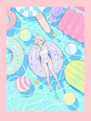  ahoge ball beachball bikini blonde_hair blush border closed_eyes eating female food frilled_bikini frills from_above full_body hairband holding holding_food holding_popsicle kisaragi_yuu_(fallen_sky) lying on_back original outdoors pink_border popsicle rubber_duck signature solo swim_ring swimsuit water white_bikini white_hairband 