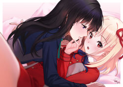  2girls absurdres black_hair blonde_hair blue_dress blue_ribbon blush border collared_shirt cowgirl_position dress eye_contact finger_to_another&#039;s_mouth green_ribbons grey_dress hair_ribbon highres inoue_takina long_hair long_sleeves looking_at_another lycoris_recoil lycoris_uniform lying multiple_girls neck_ribbon nishikigi_chisato on_back open_mouth pleated_dress purple_eyes red_dress red_eyes red_ribbon ribbon school_uniform shirt short_hair signature takimii two-tone_dress white_border white_shirt yuri 