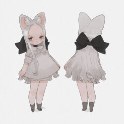  animal_ears black_bow black_choker bow cat_ears cat_girl cat_tail choker commentary dress female forehead from_behind full_body grey_dress grey_eyes grey_hair hairbow huge_bow long_hair looking_at_viewer multiple_views nekosuke_(oxo) original short_dress short_sleeves short_tail simple_background standing symbol-only_commentary tail very_long_hair 