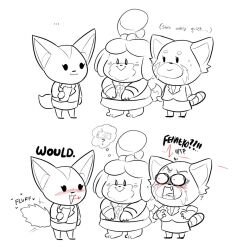  aggretsuko ailurid animal_crossing anthro black_and_white blush canid canine canis clothed clothing domestic_dog drememoto ellipsis eyelashes female fennec_fox fenneko flustered fox group hair heart_symbol isabelle_(animal_crossing) looking_at_another mammal monochrome nintendo question_mark red_panda retsuko sanrio shih_tzu simple_background slightly_chubby slightly_chubby_female smile tail thought_bubble toy_dog true_fox white_background 