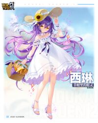  2020 bare_shoulders basket benghuai_xueyuan blurry blurry_background bread character_name closed_mouth copyright_name dress female flower food full_body hair_between_eyes hat hat_flower high_heels holding holding_basket holding_clothes holding_hat honkai_(series) lemon_juice logo long_hair looking_at_viewer official_art purple_hair sandals sandwich second-party_source sirin smile solo straw_hat summer sundress sunflower white_dress white_footwear yellow_eyes 