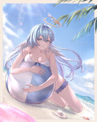  absurdres artist_name ball beach beachball bead_bracelet beads bikini bikini_ribbon bracelet breasts bridal_garter cleaver face_jewel female front-tie_bikini_top front-tie_top green_eyes grey_hair halo head_wings highres honkai:_star_rail honkai_(series) jewel_under_eye jewelry purple_hair ra_torens robin_(honkai:_star_rail) sand seashell shell swimsuit white_bikini wings 