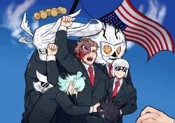  2024_attempted_assassination_of_donald_trump 3others 4boys akutami_gege_(avatar) american_flag animal_ears antlers aqua_hair arm_up artist_name black_hair black_suit blood blood_on_ears blood_on_face bob_cut bodyguard buck_teeth cat_ears chimera chimera_beast_agito_(jujutsu_kaisen) clenched_teeth closed_mouth cloud creature cyclops deer_antlers donald_trump double_bun dress_shirt facial_mark facial_tattoo feline formal fushiguro_megumi hair_bun head_wings heterochromia historical_event horns hug injury jujutsu_kaisen kashimo_hajime kyou_(luo_xingjie) lapels mahoraga_(jujutsu_kaisen) mane medium_hair monster multiple_boys multiple_others necktie no_eyes notched_lapels one-eyed open_mouth pink_hair red_eyes red_hair red_necktie ringed_eyes ryoumen_sukuna_(jujutsu_kaisen) ryoumen_sukuna_(true_form)_(jujutsu_kaisen) shirt short_hair signature sky spiked_hair suit sunglasses sweatdrop tattoo teeth uraume_(jujutsu_kaisen) wheel_of_dharma whiskers white_fur white_hair white_shirt wings 