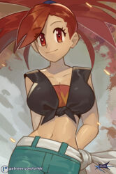  arms_behind_back artist_name bandeau belt breasts bright_pupils closed_mouth collarbone commentary eyelashes female flannery_(pokemon) green_pants grey_background midriff navel orlek pants patreon_logo pokemon pokemon_oras ponytail red_bandeau red_eyes shirt smile solo swept_bangs tied_shirt web_address white_belt white_pupils 