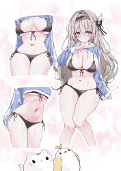  absurdres animal bikini bikini_under_clothes bird black_bikini black_hairband blue_archive blue_hoodie breasts cleavage cosplay cropped_hoodie cropped_legs drawstring feline female firefly_(honkai:_star_rail) front-tie_bikini_top front-tie_top grey_hair hair_between_eyes hairband highres honkai:_star_rail honkai_(series) hood hood_down hoodie long_hair long_sleeves medium_breasts moe_(blue_archive) moe_(swimsuit)_(blue_archive) moe_(swimsuit)_(blue_archive)_(cosplay) multiple_views navel puffy_long_sleeves puffy_sleeves purple_eyes side-tie_bikini_bottom sideboob sleeves_past_wrists stomach swimsuit tandohark underboob very_long_hair white_cat 