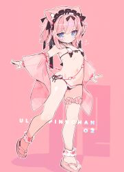  animal_ears ankle_garter bare_legs bare_shoulders bikini black_bikini blue_eyes cat_ears closed_mouth demusato_(udmp) detached_sleeves dot_mouth female flat_chest flower full_body hair_between_eyes highres looking_at_viewer maid_headdress medium_hair micro_bikini midriff navel no_nose original pink_background pink_flower pink_footwear pink_theme sandals sidelocks simple_background solo sweat swimsuit thigh_strap walking wide_sleeves wrist_cuffs 