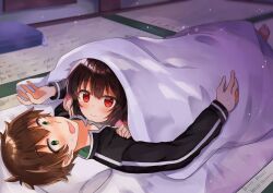  1boy black_jacket black_sleeves blanket blush brown_hair commentary cowgirl_position cowlick cuddling dilated_pupils feet female futon green_eyes grey_shirt hand_on_another&#039;s_chest head_on_chest highres jacket kono_subarashii_sekai_ni_shukufuku_wo! long_sleeves looking_at_another lying lying_on_person medium_bangs megumin on_back on_bed on_person on_stomach open_clothes open_hand open_jacket open_mouth pillow pink_sleeves raised_eyebrows red_eyes satou_kazuma shared_blanket shirt short_hair small_sweatdrop smile sweat symbol-only_commentary tatami under_covers very_short_hair yuno_(suke_yuno) 