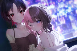  2girls back bare_shoulders black_hair blurry blurry_background blush braid breasts brown_camisole brown_hair brown_nails camisole city dutch_angle earrings frilled_camisole frills gradient_hair haiba_09 hand_on_another&#039;s_head holding_hands interlocked_fingers jewelry kisaragi_ren_(vtuber) large_breasts light_smile long_hair looking_at_viewer looking_back medium_breasts mouth_hold multicolored_hair multiple_girls night off_shoulder one_eye_closed parted_bangs pink_camisole pink_hair purple_eyes red_eyes red_hair short_hair split-color_hair streaked_hair tachibana_hinano_(vtuber) twin_braids two-tone_hair virtual_youtuber vspo! window yuri 