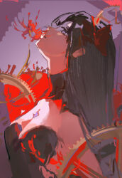  absurdres akemi_homura akuma_homura bare_shoulders black_collar black_dress black_hair blood bow breasts chest_jewel cleavage closed_mouth collar detached_collar dress expressionless eyelashes female flower flower_to_mouth from_side gears gem hairband hairbow head_tilt high_collar highres long_hair mahou_shoujo_madoka_magica mahou_shoujo_madoka_magica_(anime) purple_background purple_eyes purple_gemstone red_bow red_flower red_hairband small_breasts solo spider_lily straight_hair strapless strapless_dress upper_body xing_(user_heps4874) 