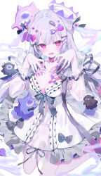  @_@ bandaid bandaid_on_breast black_bow blue_bow bow breasts cleavage collarbone dress female frilled_dress frills ghost ghost_girl hair_ornament hairclip halo highres ibara_riato long_hair medium_breasts nail_polish original pink_eyes sidelocks sitting solid_circle_eyes wariza white_dress white_hair 