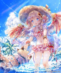  animal bikini blonde_hair blue_eyes blue_sky blunt_bangs bracelet cloak cloud commentary copyright_notice cygames drill_hair female flower frilled_bikini frills hair_flower hair_ornament highres jewelry medium_hair onineko outstretched_arms palms pink_bikini shingeki_no_bahamut sky standing standing_on_liquid sunflower sunflower_hair_ornament swimsuit white_cloak wings 