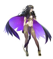  absurdres alternate_costume bare_arms black_eyes black_hair breasts cape female finger_in_own_mouth fire_emblem fire_emblem_awakening full_body gloves highres long_hair looking_at_viewer midriff navel pantyhose pelvic_curtain pomelomelon small_breasts solo standing tharja_(fire_emblem) white_background 