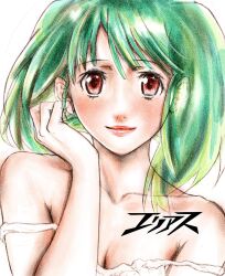  artist_name blush breasts brown_eyes camisole cleavage collarbone elias_macross female hair_behind_ear hand_in_own_hair highres looking_at_viewer macross macross_frontier making-of_available portrait ranka_lee red_lips small_breasts smile solo strap_slip white_background white_camisole 