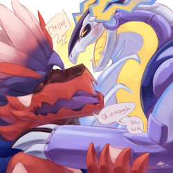  &gt;_&lt; 1:1 2023 ancient_pokemon anthro begging black_body black_scales blush blush_lines closed_eyes colored dialogue digital_media_(artwork) digital_painting_(artwork) duo electricity english_text exclamation_point forked_tongue future_pokemon generation_9_pokemon hand_on_partner&#039;s_shoulder hand_on_shoulder koraidon legendary_pokemon male male/male metallic_body miraidon multicolored_body multicolored_scales nintendo open_mouth paradox_pokemon pokemon pokemon_(species) purple_tongue red_body red_scales scales shaded signature simple_background spazticcat speech_bubble talking_to_another talking_to_partner text tongue white_background white_body white_scales yellow_background yellow_body yellow_scales yellow_tongue 