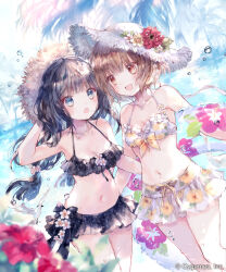  2girls :d bikini black_bikini black_hair blue_eyes blunt_bangs blurry brown_eyes brown_hair commentary copyright_notice cygames dutch_angle hat highres holding holding_swim_ring long_hair multiple_girls onineko open_mouth palms pleated_skirt shingeki_no_bahamut short_hair skirt smile straw_hat swim_ring swimsuit water water_drop white_bikini 