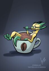  anthro bathing beverage coffee coffee_cup container cup eating hi_res kobold male micro relaxing simple_background solo stirren 