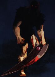  1boy blood blood_on_hands blood_on_leg blood_on_weapon boots brown_footwear commentary dark_background fear_&amp;_hunger full_body fur-trimmed_boots fur_trim glowing glowing_eyes highres holding holding_sword holding_weapon looking_at_viewer muscular muscular_male ragnvaldr_(fear_&amp;_hunger) red_eyes shaded_face solo standing suramips sword weapon 