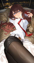  arm_belt arm_up belt black_shorts blue_eyes blush breasts brown_hair brown_jacket cellphone commission female flip_phone haruri highres holding holding_phone jacket long_hair looking_at_viewer lying makise_kurisu medium_breasts necktie on_bed on_side pantyhose_under_shorts parted_lips phone pixiv_commission red_necktie shirt shorts solo steins;gate white_belt white_shirt 