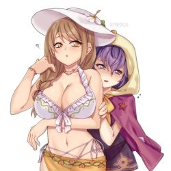  2girls bernadetta_von_varley bernadetta_von_varley_(summer) bikini braid breasts brown_hair cleavage fire_emblem fire_emblem_engage fire_emblem_heroes goldmary_(fire_emblem) goldmary_(summer)_(fire_emblem) highres large_breasts long_hair mole mole_on_breast multiple_girls navel official_alternate_costume open_mouth purple_hair simple_background swimsuit symoca white_background white_bikini yellow_eyes 