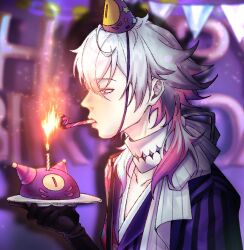  1boy birthday black_gloves blue_eyes blurry blurry_background candle coat diamond_choker english_commentary eyelashes fire from_side gavis_bettel gavis_bettel_(1st_costume) gloves grey_hair hair_between_eyes happy_birthday hat holostars holostars_english light_particles looking_at_food makiei male_focus medium_hair multicolored_coat multicolored_hair party_hat pink_hair profile scarf solo striped_coat upper_body vertical-striped_coat virtual_youtuber white_scarf 