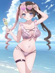  :o absurdres bikini blue_eyes blue_sky blush bow breasts brown_bow brown_hair cleavage cloud contrapposto cross-laced_bikini cross-laced_clothes eyewear_on_head female food frilled_bikini frills hairbow heart heart-shaped_eyewear heart_o-ring highres holding holding_food holding_popsicle horizon large_breasts layered_bikini long_hair looking_at_viewer multicolored_hair navel o-ring o-ring_bikini o-ring_thigh_strap ocean pink-tinted_eyewear pink_bikini pink_bow pink_hair pink_nails plaid_bikini plaid_clothes popsicle skindentation sky solo split-color_hair stomach string_bikini sunglasses sweat swimsuit tachibana_hinano_(vtuber) thigh_strap tinted_eyewear twintails two-tone_hair very_long_hair virtual_youtuber vspo! ysnhryk 