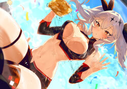  against_glass azur_lane bare_shoulders black_shorts blue_sky boots breast_press breasts breasts_on_glass cleavage cleavage_cutout clothing_cutout confetti day detached_sleeves female grey_hair hair_between_eyes hair_ornament hair_ribbon highres holding holding_sponge joffre_(azur_lane) joffre_(blessings&#039;_first_flight)_(azur_lane) large_breasts manjuu_(azur_lane) micro_shorts navel race_queen red_eyes ribbon shorts single_thigh_boot sky sponge thigh_boots thigh_strap thighhighs twintails washing washing_vehicle water wet yun-yang 