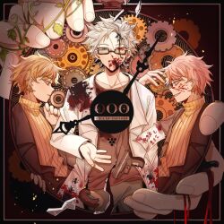  3boys atou_haruki black_jacket blonde_hair blood blood_on_clothes blood_on_face blue_eyes brown_shirt chinese_commentary closed_mouth commentary_request copyright_name doughnut dual_persona food gears glasses grey_hair grey_pants gun handgun heterochromia jacket kanou_aogu lab_coat male_focus multiple_boys open_clothes open_jacket original pants paper pink_hair red_eyes ribbed_sweater semi-rimless_eyewear shirt short_hair smile spoilers sweater translation_request turtleneck turtleneck_sweater weapon yan_wei_fan yellow_sweater 