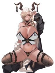  \m/ absurdres animal_print azur_lane bellone black_horns blonde_hair braid breasts brown_thighhighs cleavage dark-skinned_female dark_skin earrings female full_body hair_over_one_eye highres horn_ornament horns jewelry large_horns leopard_print long_bangs long_sleeves looking_at_viewer mole mole_under_mouth navel owari_(azur_lane) simple_background solo squatting thighhighs thong twin_braids white_background 