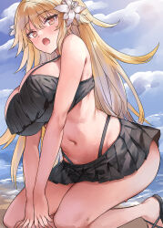  beach bikini black_bikini black_footwear blonde_hair blue_sky blush breasts brooklyn_(kancolle) brooklyn_(swimsuit_mode)_(kancolle) brown_eyes cloud day female flower hair_between_eyes hair_flower hair_ornament highres huge_breasts kantai_collection long_hair looking_at_viewer mizuta_kenji oerba_yun_fang open_mouth outdoors sandals sitting skin_fang sky solo sweat swimsuit very_long_hair white_flower 