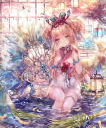  armlet blonde_hair blue_eyes commentary copyright_notice cygames dress female hairband highres jewelry lamp long_hair onineko shingeki_no_bahamut sitting solo tagme thigh_strap tree water water_drop white_dress 