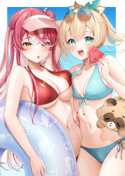  2girls :d alternate_costume asymmetrical_docking bikini blonde_hair border breast_press breasts commentary_request crossed_bangs double-parted_bangs eyewear_on_head food food_in_mouth front-tie_bikini_top front-tie_top fruit green_bikini hair_between_eyes hair_bun halterneck heterochromia highres holding holding_food holding_fruit holding_swim_ring hololive houshou_marine houshou_marine_(summer) innertube kazama_iroha large_breasts medium_breasts miyagi_ratona multicolored_hair multiple_girls navel official_alternate_costume official_alternate_hairstyle pokobee ponytail red_bikini red_eyes round_teeth short_hair side-tie_bikini_bottom side_up_bun smile stomach streaked_hair swim_ring swimsuit teeth virtual_youtuber visor_cap watermelon watermelon_slice white_border white_hair yellow_eyes 