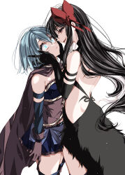  2girls absurdres akemi_homura akuma_homura backless_dress backless_outfit bare_back bare_shoulders black_cape black_gloves black_hair blue_eyes blue_hair blush bow cape detached_sleeves dilated_pupils dress elbow_gloves eye_contact from_side gloves hair_between_eyes hair_ornament hair_ribbon hairband hairbow hands_on_another&#039;s_cheeks hands_on_another&#039;s_face highres light_particles long_hair looking_at_another magical_girl mahou_shoujo_madoka_magica mahou_shoujo_madoka_magica:_hangyaku_no_monogatari miki_sayaka miki_sayaka_(magical_girl) mind_control misteor multiple_girls open_mouth purple_eyes red_bow red_eyes red_ribbon ribbon short_hair shoulder_blades simple_background skirt smile thighhighs very_long_hair white_background yuri zettai_ryouiki 