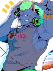  1boy animal_ear_request bara blue_fur crow_(siranui) furry furry_male green_eyes green_hair grey_tank_top headphones highres large_pectorals male_focus medium_hair muscular muscular_male nyarlathotep_(housamo) pectoral_cleavage pectorals pointing pointing_up sidepec solo tank_top tokyo_afterschool_summoners upper_body 