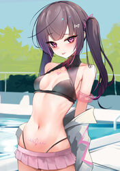  :p absurdres bikini birthmark black_bikini black_hair blush breasts commentary cowboy_shot day female hair_ribbon heart heart_tattoo highleg highleg_bikini highres himemiya_rie jacket long_hair looking_at_viewer microskirt multicolored_hair navel off_shoulder open_clothes open_jacket outdoors phase_connect pink_armband pink_eyes pink_hair pink_skirt pool pubic_tattoo ribbon rifufu skirt small_breasts solo stomach streaked_hair sway_back swimsuit tattoo tongue tongue_out twintails virtual_youtuber white_jacket 