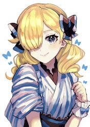  black_bow blonde_hair blue_eyes bow female fire_emblem fire_emblem_engage hair_over_one_eye hairbow hand_up highres japanese_clothes kimono leon0630claude looking_at_viewer madeline_(fire_emblem) medium_hair no_headwear short_hair simple_background smile solo striped_clothes striped_kimono tasuki upper_body white_background wrist_cuffs 