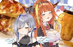  2girls :3 ahoge amane_kanata amane_kanata_(work) angel angel_wings arm_under_breasts bare_shoulders black_hairband black_jacket black_shirt blonde_hair blue_hair blue_wings blunt_bangs blush_stickers bow braid bread bread_slice breasts brooch cleavage cleavage_cutout closed_eyes closed_mouth clothing_cutout collared_shirt colored_inner_hair commentary damaged diagonal-striped_bow diagonal_stripes doyagao dragon_girl dragon_horns dripping english_commentary english_text eureka_814 eyes_visible_through_hair feathered_wings food fork french_toast gradient_wings grey_hair hair_between_eyes hair_intakes hair_ornament hair_over_one_eye hairband hairclip holding holding_fork hololive honey horn_bow horn_ornament horns jacket jar jewelry kiryu_coco kiryu_coco_(1st_costume) large_breasts long_hair multicolored_hair multicolored_wings multiple_girls official_alternate_costume open_mouth orange_hair pointy_ears shirt side_braid sidelocks single_braid single_hair_intake sleeveless sleeveless_shirt smug sparkle streaked_hair striped striped_bow toast twintails upper_body virtual_youtuber white_shirt white_wings wings 