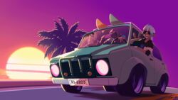  16:9 animated anthro arknights chameleon emit_azure ethan_(arknights) hi_res human humanoid hyena hypergryph lizard male mammal reptile scalie seaside short_playtime spot_(arknights) studio_montagne sunset surfer synthwave widescreen 