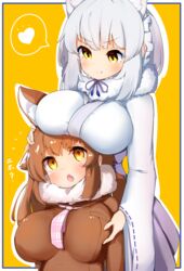  &gt;:) 2girls animal_ears berusa_(berutoo) blush breast_rest breasts breasts_on_head brown_hair fur_collar grabbing grabbing_another&#039;s_breast hand_on_another&#039;s_head heart highres japanese_clothes japanese_wolf_(kemono_friends) kemono_friends kemono_friends_3 kimono large_breasts licking_lips makami_(kemono_friends) medium_hair multiple_girls necktie orange_eyes simple_background smile spoken_heart tongue tongue_out v-shaped_eyebrows white_hair wide_sleeves wolf_ears wolf_girl yellow_background yellow_eyes yuri 