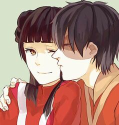  1boy avatar:_the_last_airbender avatar_legends black_hair brown_eyes commentary_request couple double_bun female hair_bun kissing kissing_cheek krusier mai_(avatar) one_eye_closed scar smile straight yellow_eyes zuko 