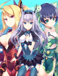  3girls ahoge black_skirt blonde_hair blue_background blue_eyes blue_hair blue_thighhighs breasts china_dress chinese_clothes commentary_request dark_blue_hair dodonpachi dodonpachi_saidaioujou dress expressionless green_eyes grey_hair hairband halterneck high_ponytail hikari_(saidaioujou) leotard long_hair looking_at_viewer maria_(saidaioujou) medium_breasts multiple_girls ponytail red_eyes red_leotard rento_(rukeai) short_hair shuri_(saidaioujou) skirt thighhighs wrist_cuffs 