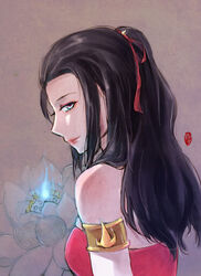  armband armlet avatar:_the_last_airbender avatar_legends azula bare_shoulders black_hair blue_eyes blue_fire breasts closed_mouth commentary_request eyelashes eyeliner female fire from_side hair_ribbon kellylee long_hair looking_at_viewer lotion makeup medium_breasts photoshop_(medium) profile red_ribbon ribbon skindentation smile solo strapless upper_body 