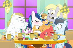  2015 apple big_macintosh_(mlp) blonde_hair blue_eyes blue_hair blush bottle bulk_biceps_(mlp) burger butter cider closed_eyes container cup cutie_mark dairy_products derp_eyes derpy_hooves dessert dm29 doughnut dragon drunk earth_pony equid equine feathered_wings feathers female flash_sentry_(mlp) food freckles friendship_is_magic fruit furniture green_eyes grey_body grey_feathers group hair hasbro horn horse hug male mammal my_little_pony mythological_creature mythological_equine mythological_scalie mythology pancake pastry pegasus pie piercing plant plate pony red_eyes scalie shining_armor_(mlp) sleeping soarin_(mlp) spike_(mlp) straw_(disambiguation) substance_intoxication syrup table unicorn white_body white_feathers wings wonderbolts_(mlp) 