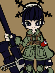  black_hair bun_cover female female gun hair_bun juju_(skullgirls) knee_pads kneepads looking_at_viewer mikudrop military military_uniform rifle short_hair skullgirls smile solo uniform weapon 