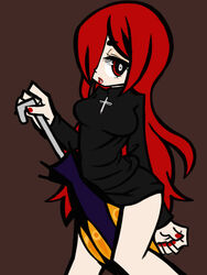  bare_legs cross female female fingernail_polish hair_over_one_eye lipstick long_hair makeup mikudrop nail_polish parasoul_(skullgirls) red_eyes red_hair skullgirls solo turtleneck umbrella 