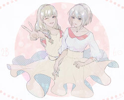  2b_(nier:automata) 2girls alternate_costume blonde_hair blouse blue_eyes blue_nails blush braid character_name commentary_request contemporary couple dress fingernails full_moon grin hair_ornament hair_over_one_eye hairband holding_hands jewelry kaori locked_arms long_hair looking_at_viewer matching_outfits mole mole_under_mouth moon multiple_girls nail_polish necklace necktie nier:automata nier_(series) one_eye_closed operator_6o photoshop_(medium) pink_nails polka_dot polka_dot_dress red_moon shirt short_hair side-by-side skirt smile v white_hair white_shirt yellow_dress yellow_skirt yuri 